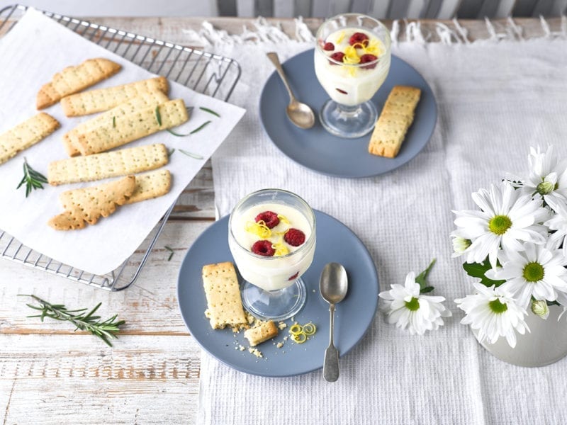 Easy summer desserts: lemon and raspbery posset with rosemary shortbread