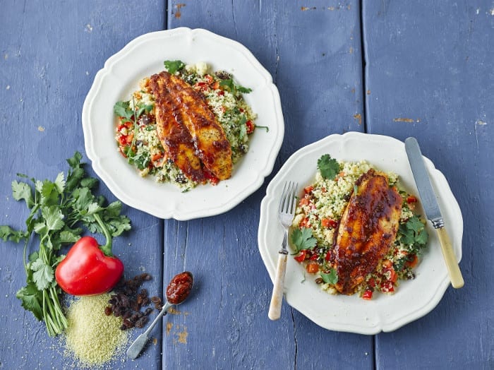 Harissa Fish On Red Pepper Couscous recipe