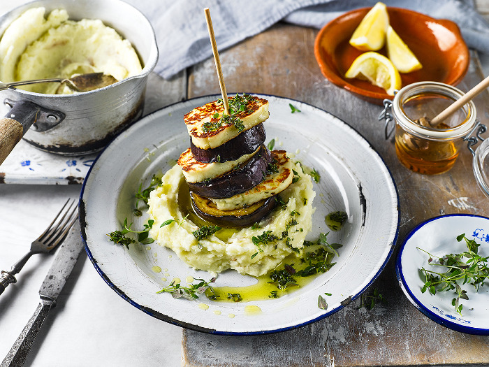 Aubergine & Honey-Thyme Halloumi Stack