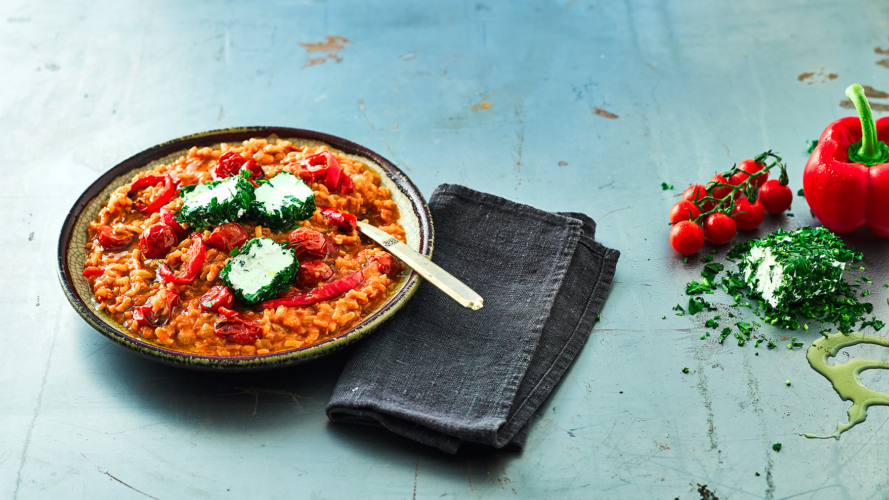 Tomato Risotto, Mozzarella & Basil Oil