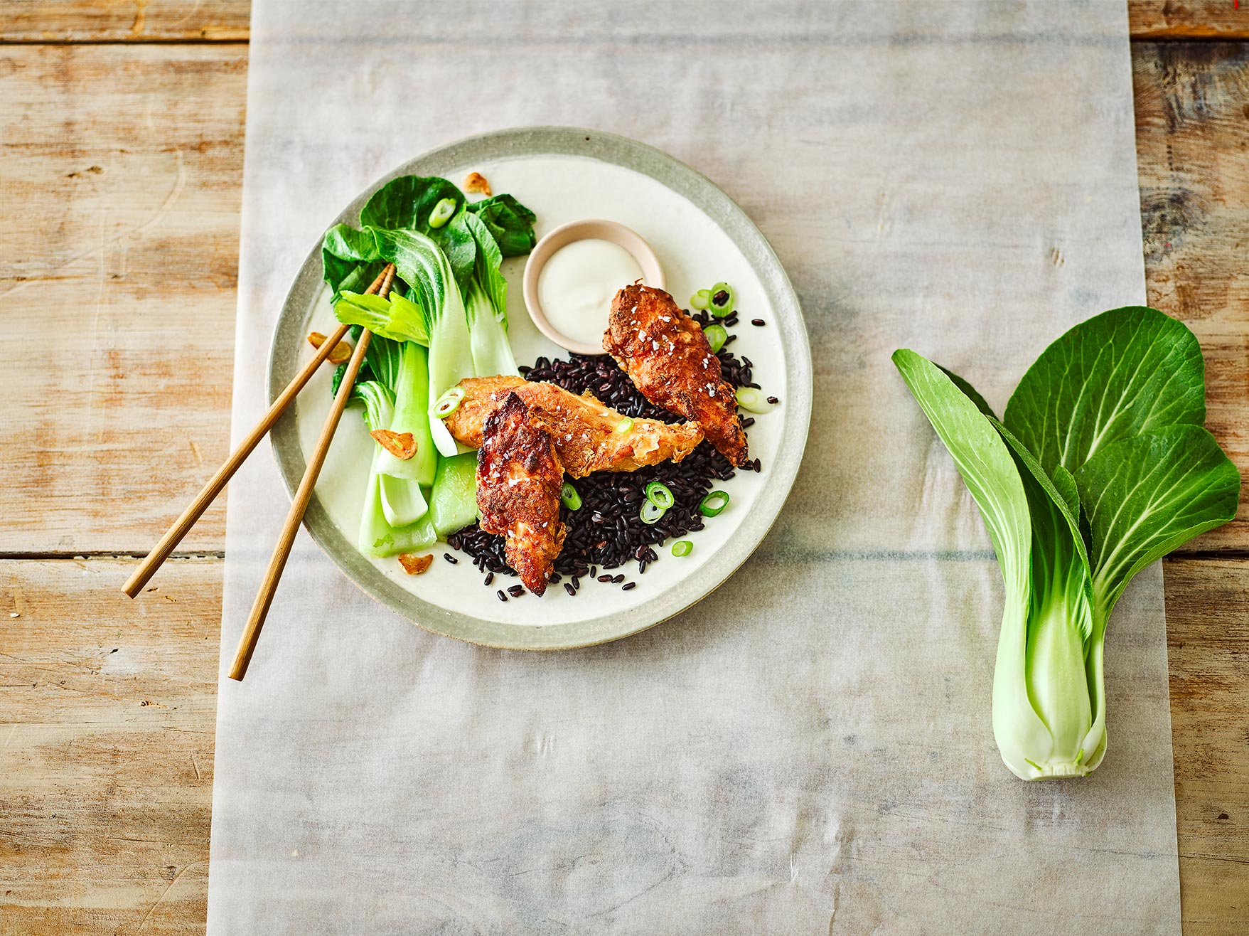 japanese chicken karaage with black rice